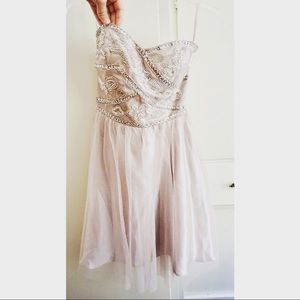 Unique beige strapless mini party dress